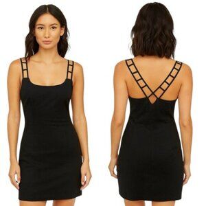 Andrea Polizzi for Rex Lester Black Linen Strappy Cutout Crisscross Mini Dress